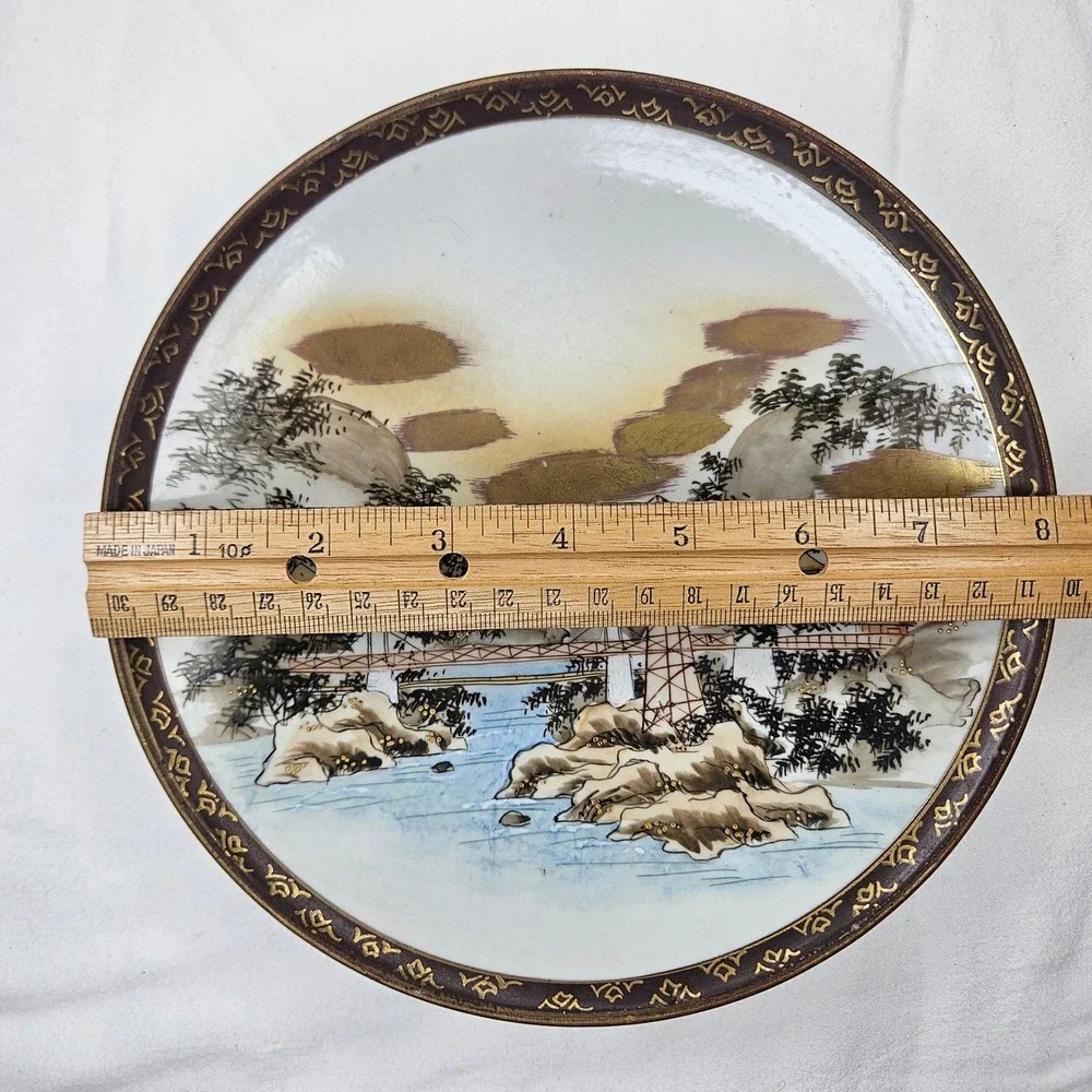 Kutani Japanese Porcelain Plate Bowl Handpainted Landscape Gold Gilt 8.25